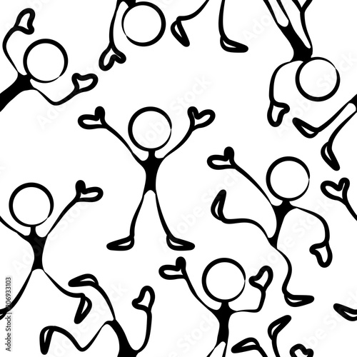 Stick figures pattern with moving human pictogram on white.