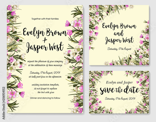 Set of floral frames with pink abd white wax flowers (chamelaucium). Perfect for wedding invitation, save the date and thank you