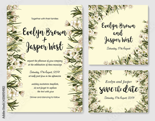 Vector Pastel Floral Frame Set. Elegant white wax flowers, leaves, cute framed text. Easy to edit. Perfect for wedding invitations, rsvp, invite, card