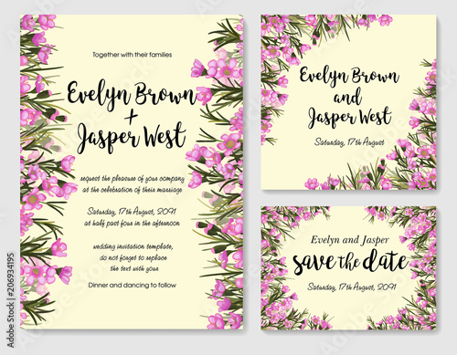 Rustic wedding set with pink wax flowers (chamelaucium). Wedding invitation, save the date, reception card, rsvp. Vector