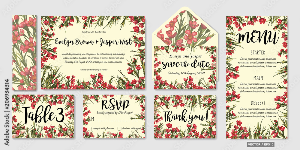 set of wedding invitation templates with leaves and wax flowers and place for text. Save the date, thank you, rsvp, love set of wedding invitation templates with leaves and wax flowers and place for text. Save the date, thank you, rsvp, love