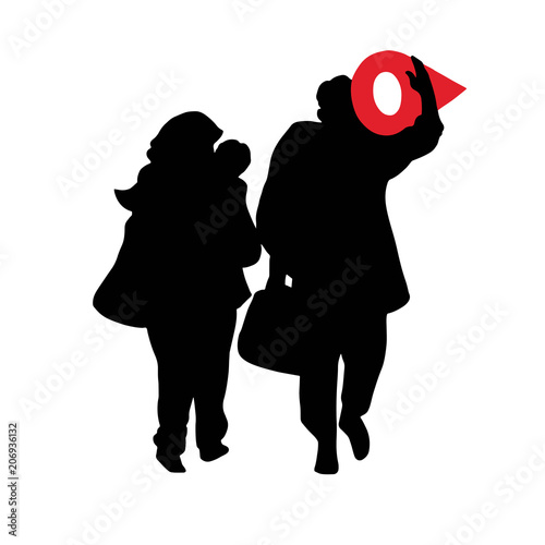 Silhouette of Refugees. Vector Illustration with Location Tag Icon