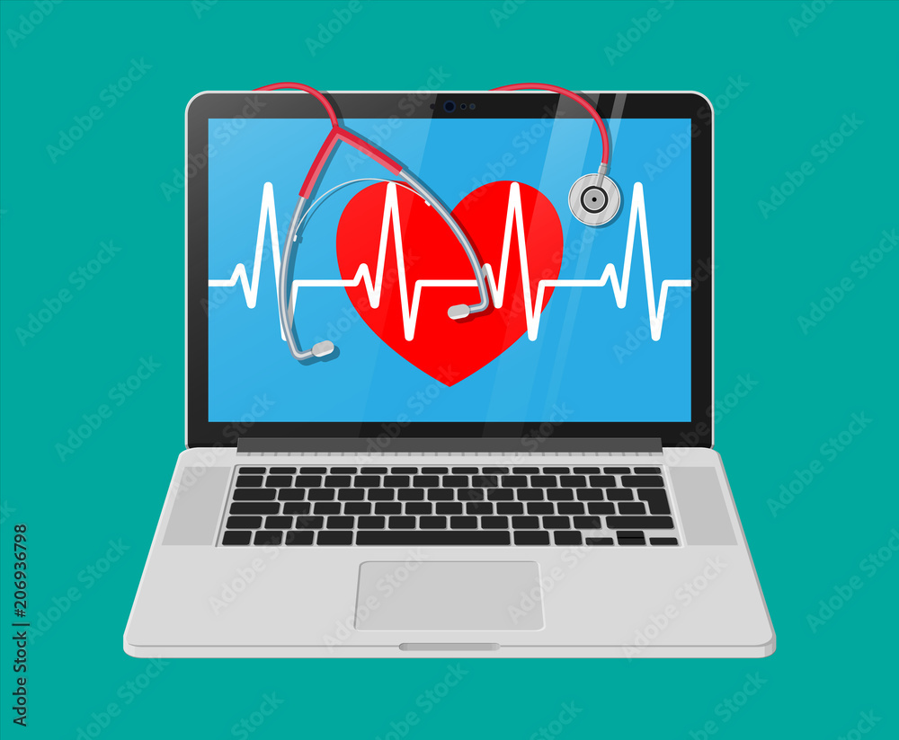 Laptop, heart shape with pulse line, stethoscope Laptop, heart shape with pulse line, stethoscope