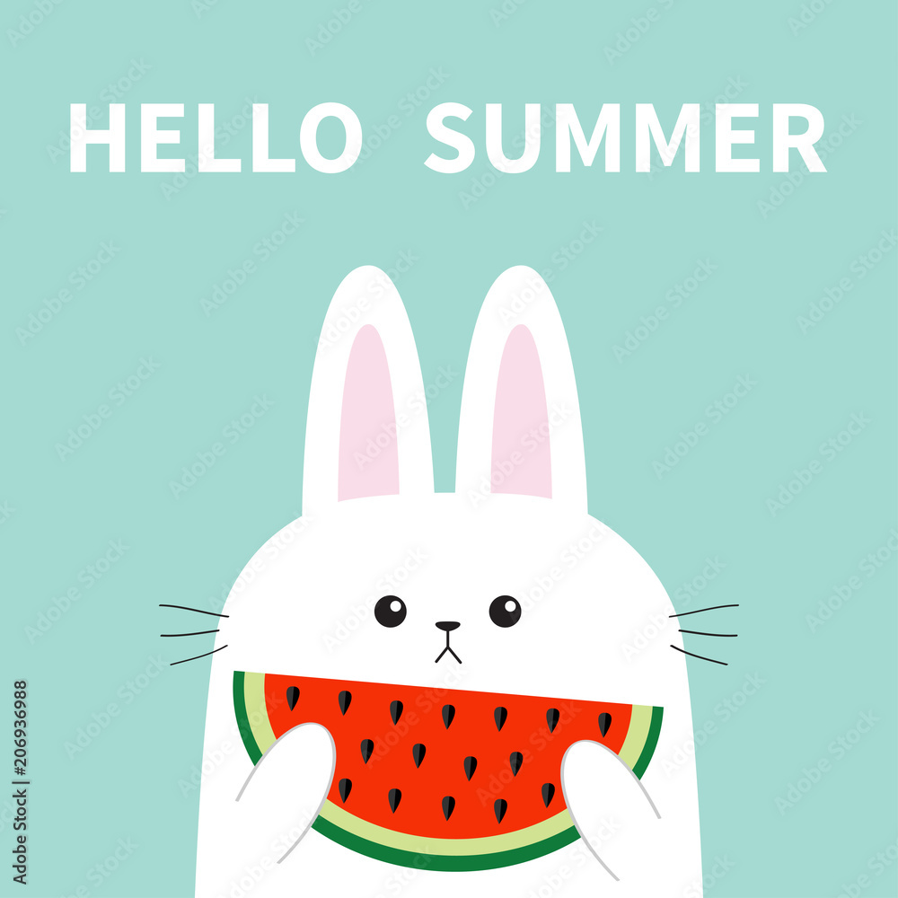 Hello summer. White bunny rabbit head face holding eating watermelon slise.  Big ears. Cute kawaii cartoon funny character. Baby greeting card. Blue  background. Flat design. Easter symbol. Stock Vector | Adobe Stock
