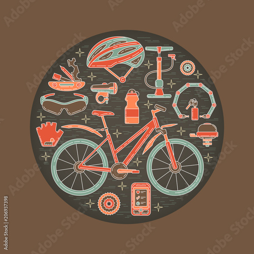 Creative round vector illustration of active lifestyle. Editable stroke design element. Perfect for sport club, bicycle rental and spare parts shop.