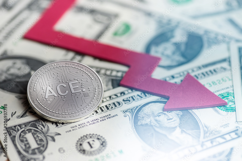 shiny silver ACE cryptocurrency coin with negative chart crash baisse falling lost deficit 3d rendering shiny silver ACE cryptocurrency coin with negative chart crash baisse falling lost deficit 3d rendering