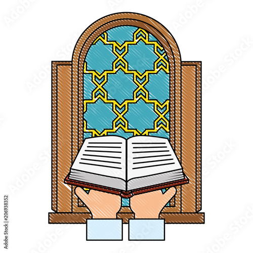 sacred book with temple window religious icon vector illustration design