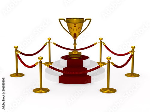 gold trophy cup on podium. ...