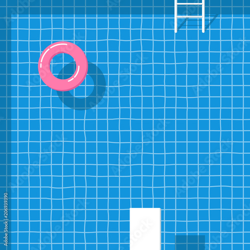Swimming pool float, Pink ring floating, white jump, water surface, texture tile pattern blue on summer sunlight, stair. Flat lay, top view background poolside. Vector flat design illustration