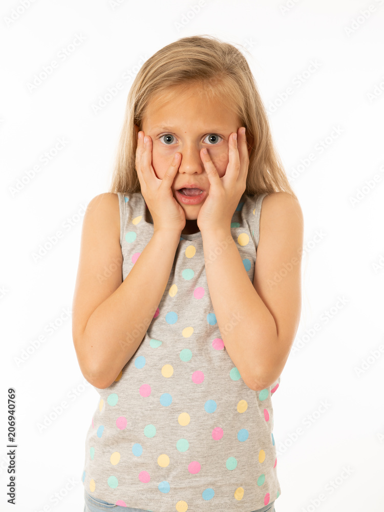 Pretty shocked, surprised little girl looking scared and with fear. Human emotions and expressions Pretty shocked, surprised little girl looking scared and with fear. Human emotions and expressions