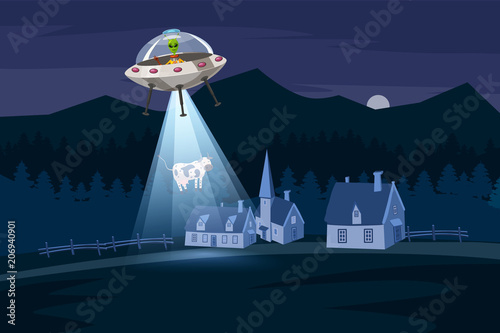 UFO abducting a cow, summer night farm landscape, in the night field with houses, vector background with stars and moon in the sky. Cartoon style, isolated
