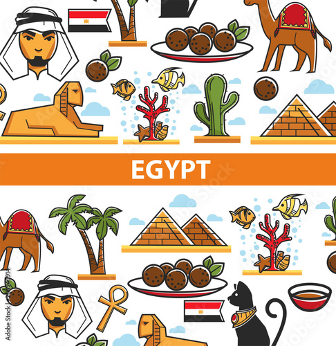 Fototapeta Naklejka Na Ścianę i Meble -  Egypt travel poster of vector landmark symbols