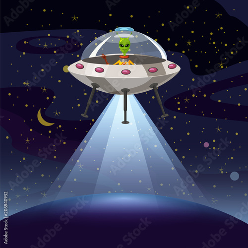 Ufo poster. Flying saucer, alien, sartoon style, vector illustration photo