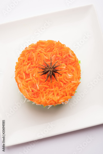 Tricolor Tiranga Rice for indian Republic and Independence day, served in a ceramic plate, selective focus