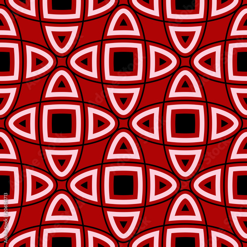 Geometric seamless pattern. Black and white elements on red background