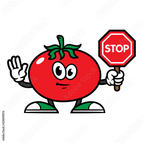 Cartoon Tomato Character Holding Stop Sign