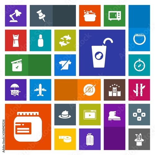 Modern, simple, colorful vector icon set with clothing, bamboo, lamp, toy, picture, ball, map, nature, jar, fashion, juice, hat, glass, web, media, jam, asia, plant, online, drink, sport, fish icons