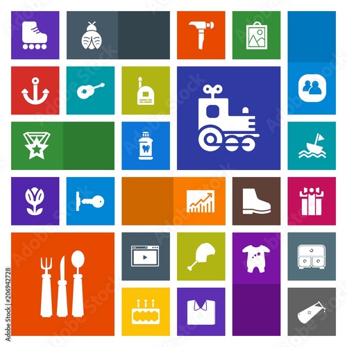 Modern, simple, colorful vector icon set with knife, chemistry, celebration, media, toy, leisure, skate, science, gift, trend, health, brush, award, locomotive, web, nautical, care, hygiene, box icons