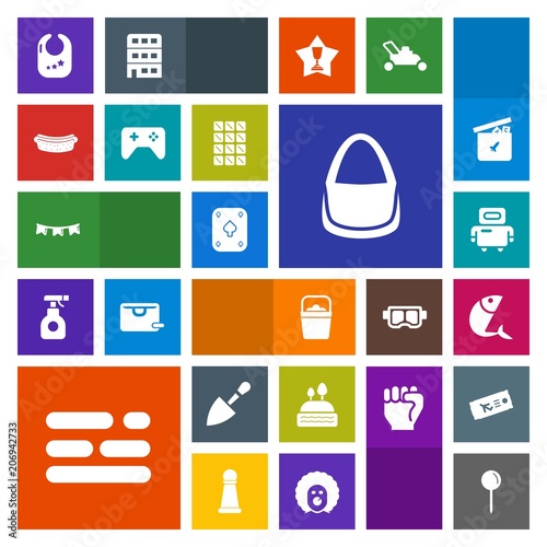 Modern, simple, colorful vector icon set with seafood, baby, robot, layout, sweet, water, tool, technology, dessert, background, bag, food, handle, pin, happy, cyborg, toy, template, game, fish icons