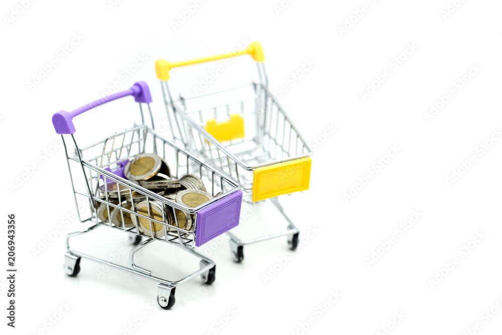 Shopping cart with stack of coins  , business finance shopping concept.