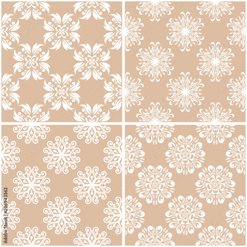 Floral patterns. Set of beige and white seamless backgrounds Floral patterns. Set of beige and white seamless backgrounds