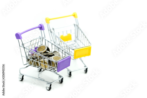 Shopping cart with stack of coins , business finance shopping concept.