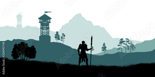 Black silhouette of knight on background of archers tower. Fantasy landscape. Medieval panorama. Scene with battle watchtower. Vector illustration