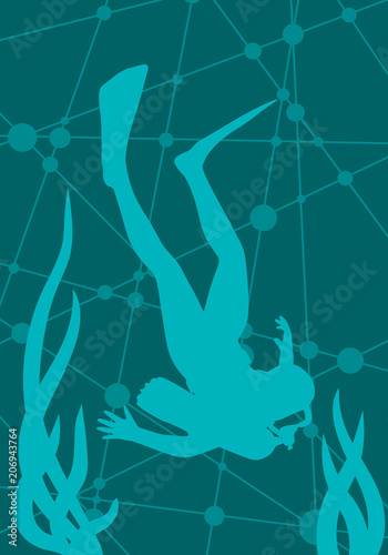 Silhouette of diver. Man drowing under water. The concept of sport diving.