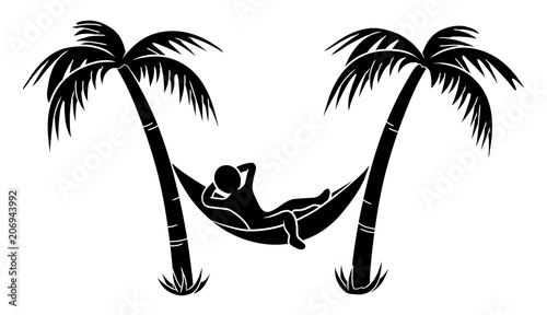 Ein Männchen in einer Hängematte zwischen zwei Palmen / Schwarz-Weiß / Icon / Flat Design