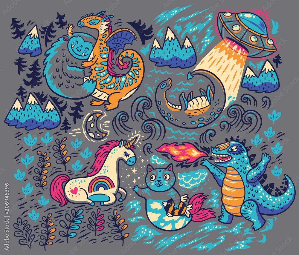 Vector print with fantastic creatures