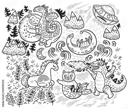 Fantastic creatures, animals set in outline. Vector illustration