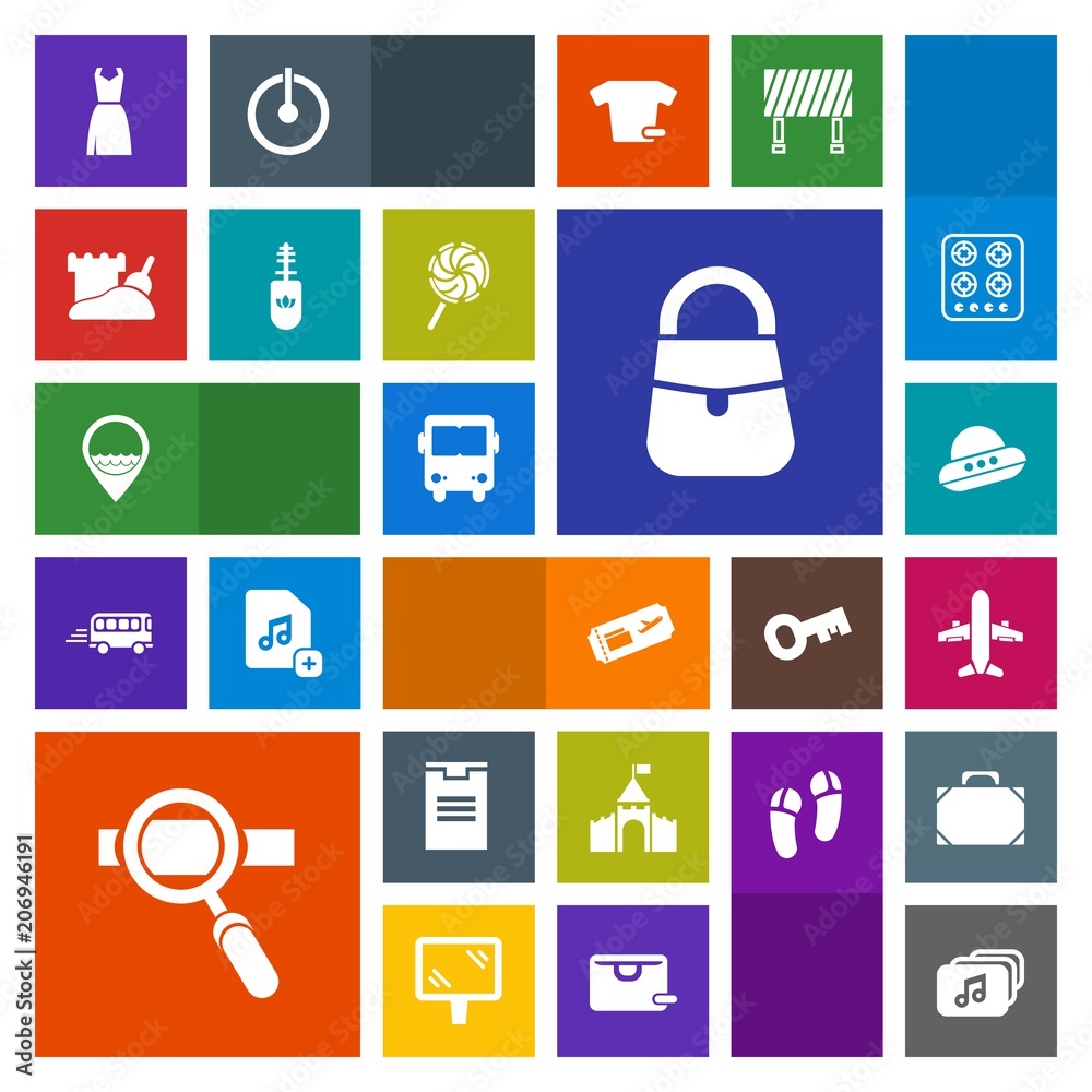 Modern, simple, colorful vector icon set with tower, laptop, research, fashion, travel, delivery, plane, location, ticket, gas, black, sweet, mascara, box, air, music, kitchen, candy, bus, job icons