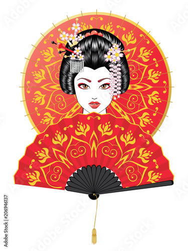 Geisha with Fan and Umbrella