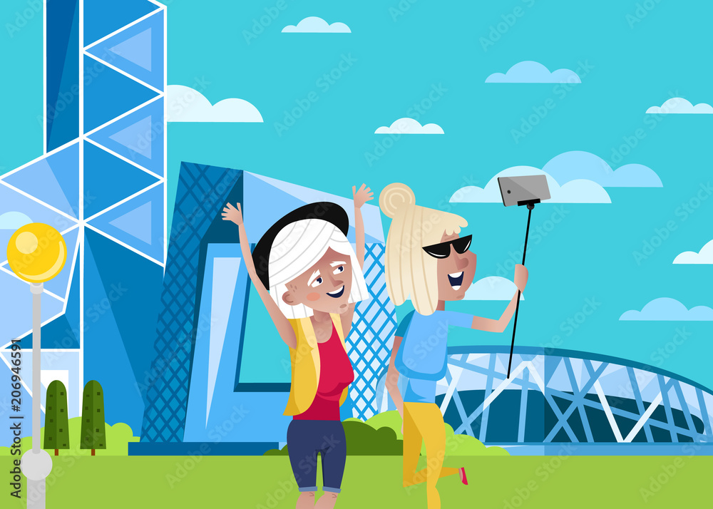 Smiling old women doing selfie on background of modern architecture. Active elderly concept with retired people around the world. Senior people traveling by famous attractions vector illustration.