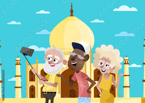 Smiling old people doing selfie on background of Taj Mahal in India. Active elderly concept with retired people around the world. Senior people traveling by famous attractions vector illustration.