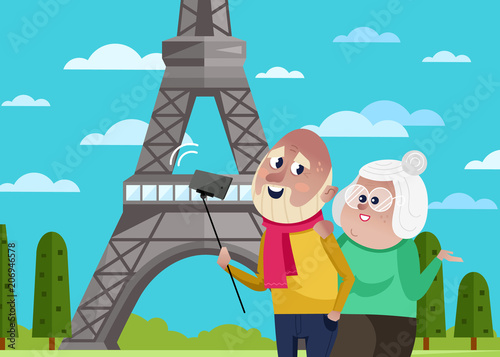 Smiling old couple doing selfie on background of Eiffel tower in Paris. Active elderly concept with retired people around the world. Senior couple traveling by famous attractions vector illustration.