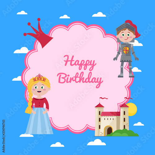 Happy birthday kids postcard with beautiful princess, knight in armor and castle. Fairytale medieval greeting card, holiday congratulation template, children event celebration vector illustration. © studioworkstock