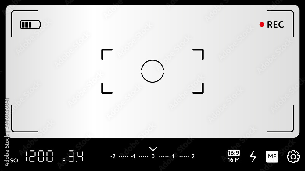 Modern video camera focusing screen with exposure, zoom zone and options. Blank smart phone camera viewfinder grid with many shooting settings. Realistic template for your design vector illustration. Modern video camera focusing screen with exposure, zoom zone and options. Blank smart phone camera viewfinder grid with many shooting settings. Realistic template for your design vector illustration.