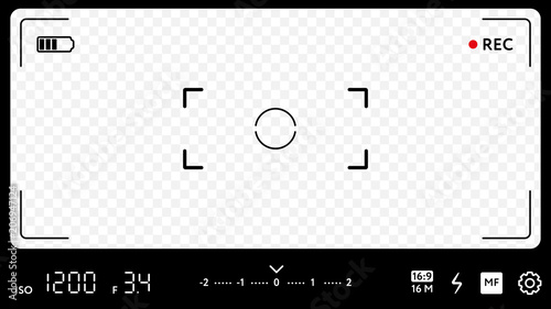 Modern camera focusing screen with exposure, zoom zone and options. Realistic template of smart phone camera viewfinder grid with many shooting settings on transparent background vector illustration.