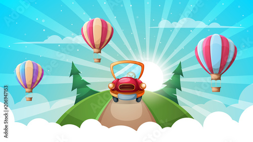 Summer cartoon landscape. Car, road, air balloon illustration Vector eps 10