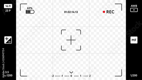 Modern smart phone camera focusing screen on transparent background. Blank camera viewfinder grid with exposure, zoom zone and shooting settings. Realistic template for your design vector illustration