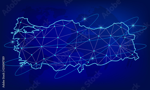 Global logistics network concept. Communications network map of the Turkey on the world background.  Map Turkey with nodes in polygonal style. Vector illustration EPS10