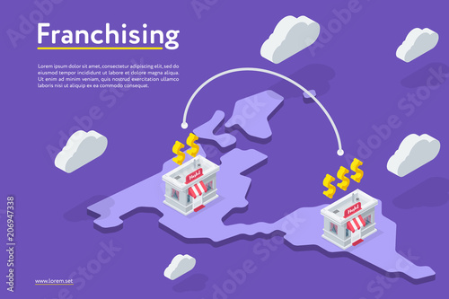 Isometric view of stores in chain on world map on Franchising banner on purple background. 