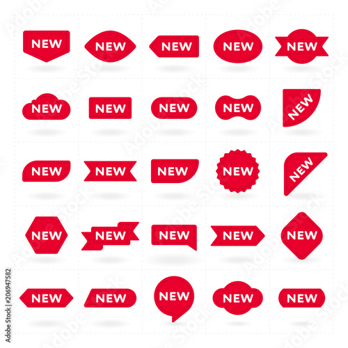 New label, symbol for advertising campaign in retail, sale promo marketing. Promo banner, various geometric red bubbles. Special offer sale red tags isolated vector illustration in trendy flat style.
