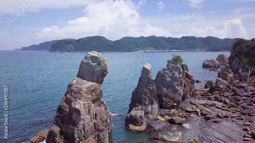 Aerial, Hashiguiiwa rock formations in Wakayama, Japan coastline. photo