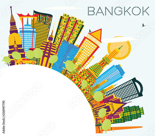Bangkok Thailand Skyline with Color Landmarks  Blue Sky and Copy Space.
