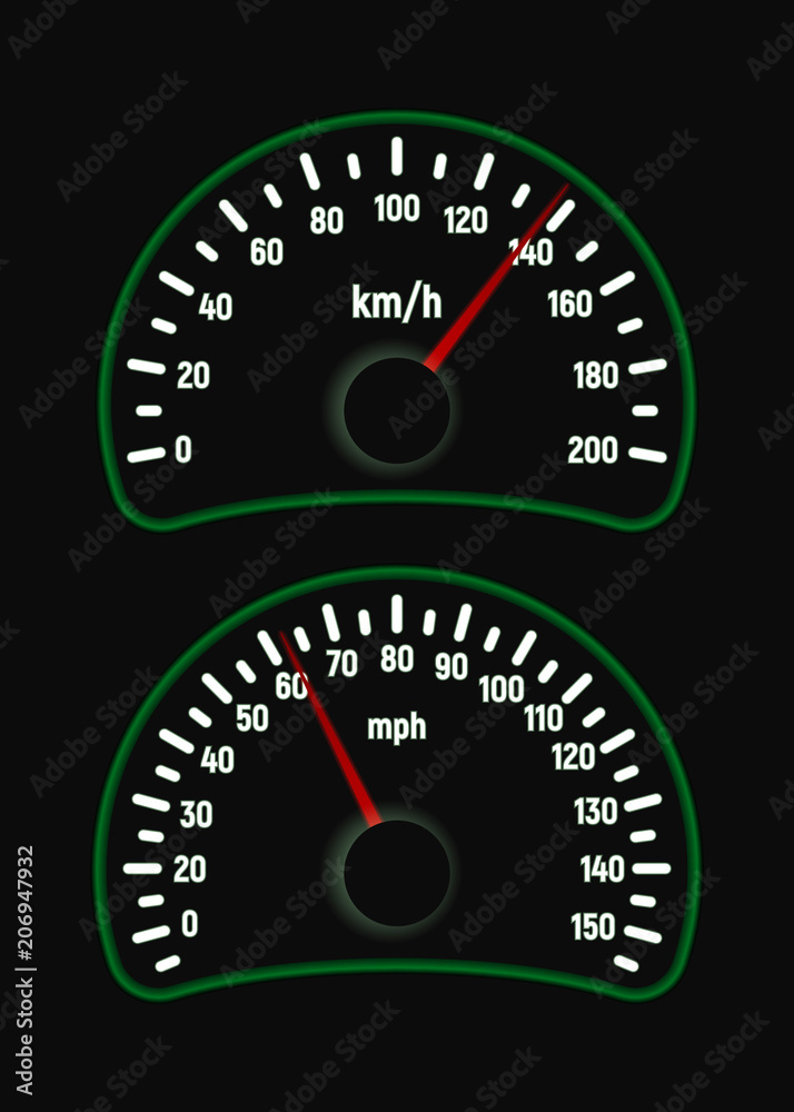Car speedometer set. Mile and kilometer per hour. Speed measurement. Vector  illustration. Green glow. Stock Vector | Adobe Stock