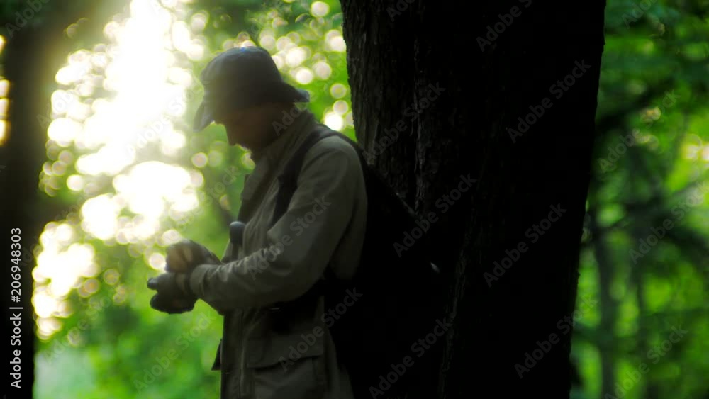 Ranger finds right way using the compass in the forest with light bokeh background Ranger finds right way using the compass in the forest with light bokeh background
