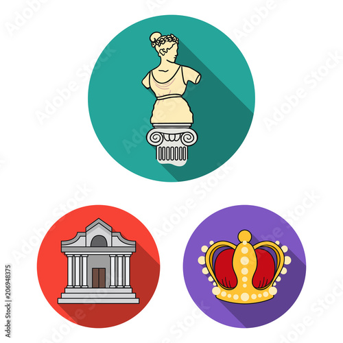 Museum and gallery flat icons in set collection for design. Storage and exhibition of showpiece vector symbol stock web illustration.