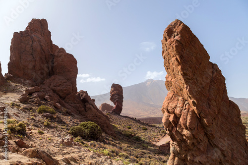 Teide National Park. Volcanic mountain scenery. Pico del Teide. View of Teide volcano peak and Teleferico Del Teide cable road. Tenerife, Canary Islands, Spain 